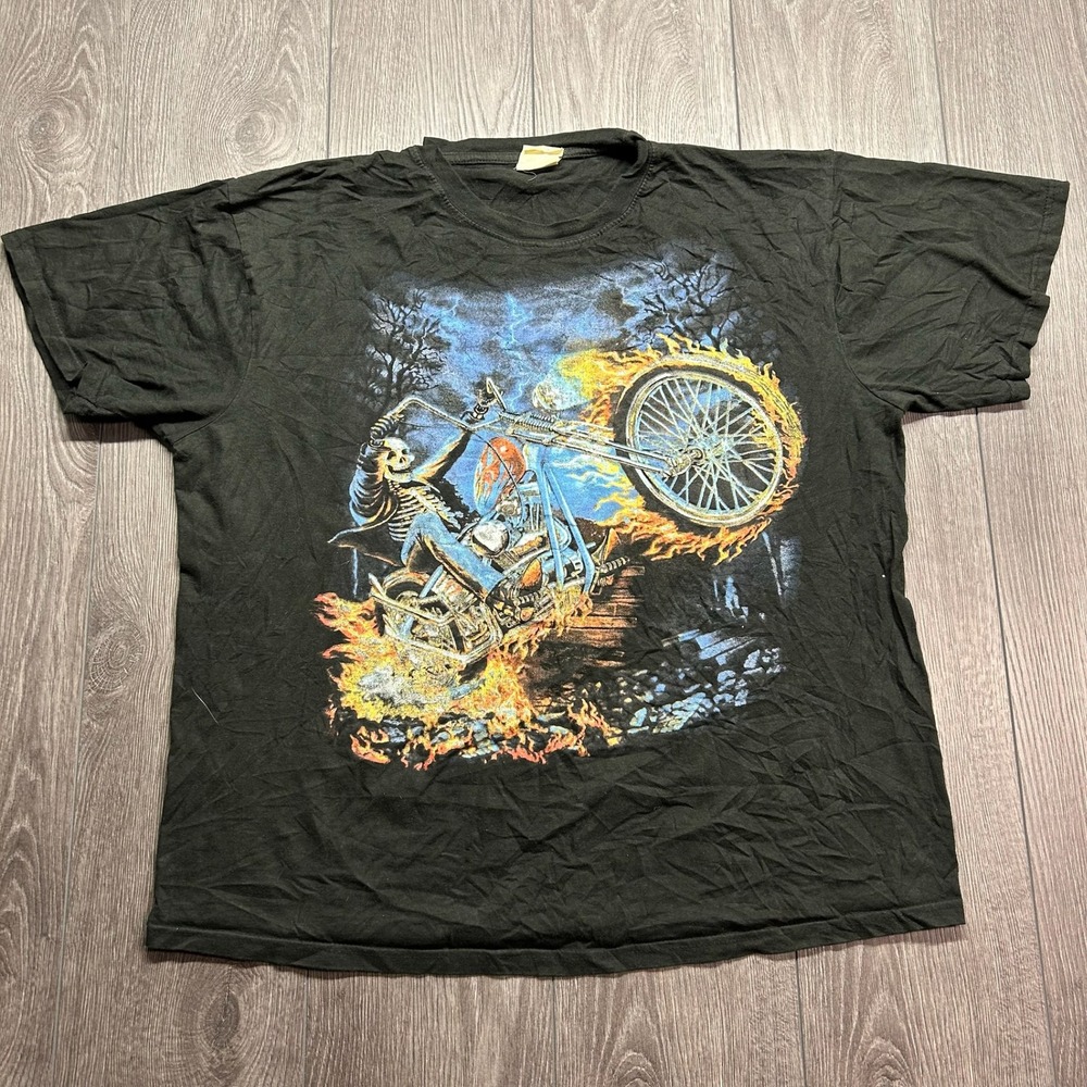 Vintage SLV & CO Flaming Skeleton Biker Graphic T-Shirt Black XL Y2K